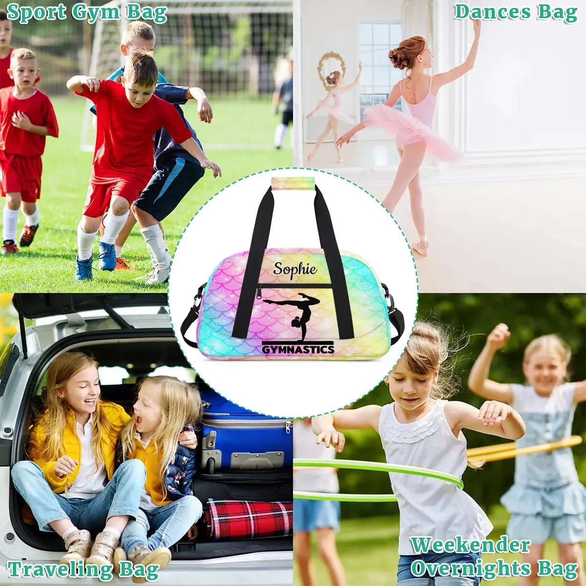 Personalized Dance Bag Gym Bags with Name Custom Sport Duffel Bag Gymnastic Training Bags Weekender Bags Travel Duffel Bag, Colorful Mermaid Scales