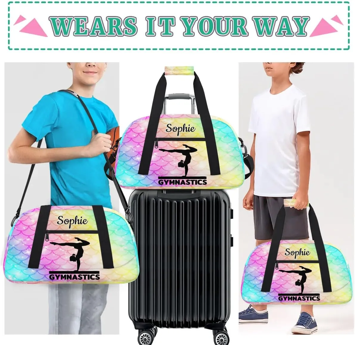 Personalized Dance Bag Gym Bags with Name Custom Sport Duffel Bag Gymnastic Training Bags Weekender Bags Travel Duffel Bag, Colorful Mermaid Scales