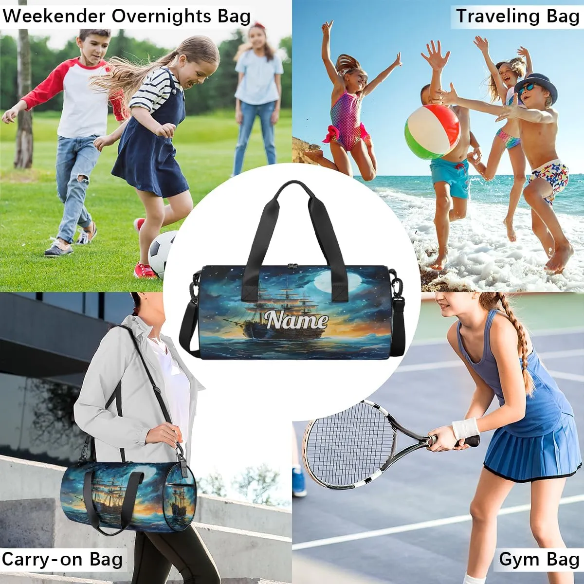 Personalized Dance Bag Gymnastics Sport Duffel Bag Custom Ballet Bags Overnight Weekender Bag Waterproof Cheerleader Bag, Vintage Boats Print