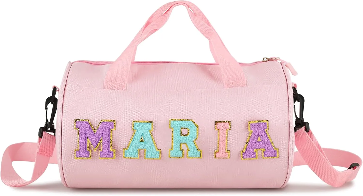Personalized Dance Ballet Bag Girls, Kids Letter Patch Dance Bag, Sport Gym Bag,Travel Duffel Bag, Large Chenille Letter Weekender Overnight Bag (Pink)