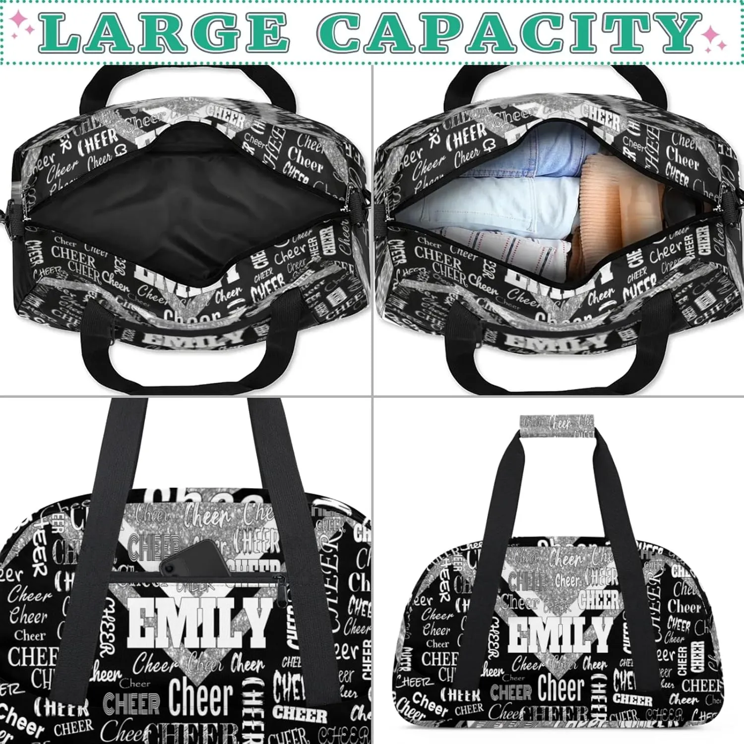 Personalized Dance Cheer Bag, Custom Cheerleading Gym Bag with Name Dark Pink Glittering with Black Overnight Large Duffel Bag for Train Gymnastics Sports Bag