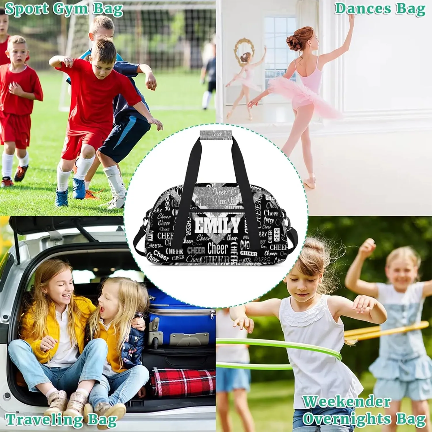 Personalized Dance Cheer Bag, Custom Cheerleading Gym Bag with Name Dark Pink Glittering with Black Overnight Large Duffel Bag for Train Gymnastics Sports Bag