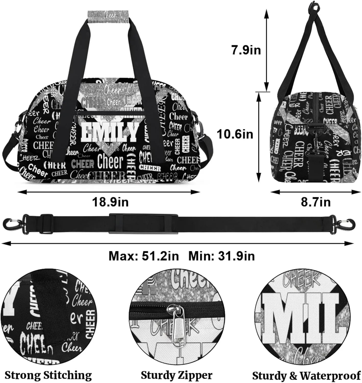 Personalized Dance Cheer Bag, Custom Cheerleading Gym Bag with Name Dark Pink Glittering with Black Overnight Large Duffel Bag for Train Gymnastics Sports Bag