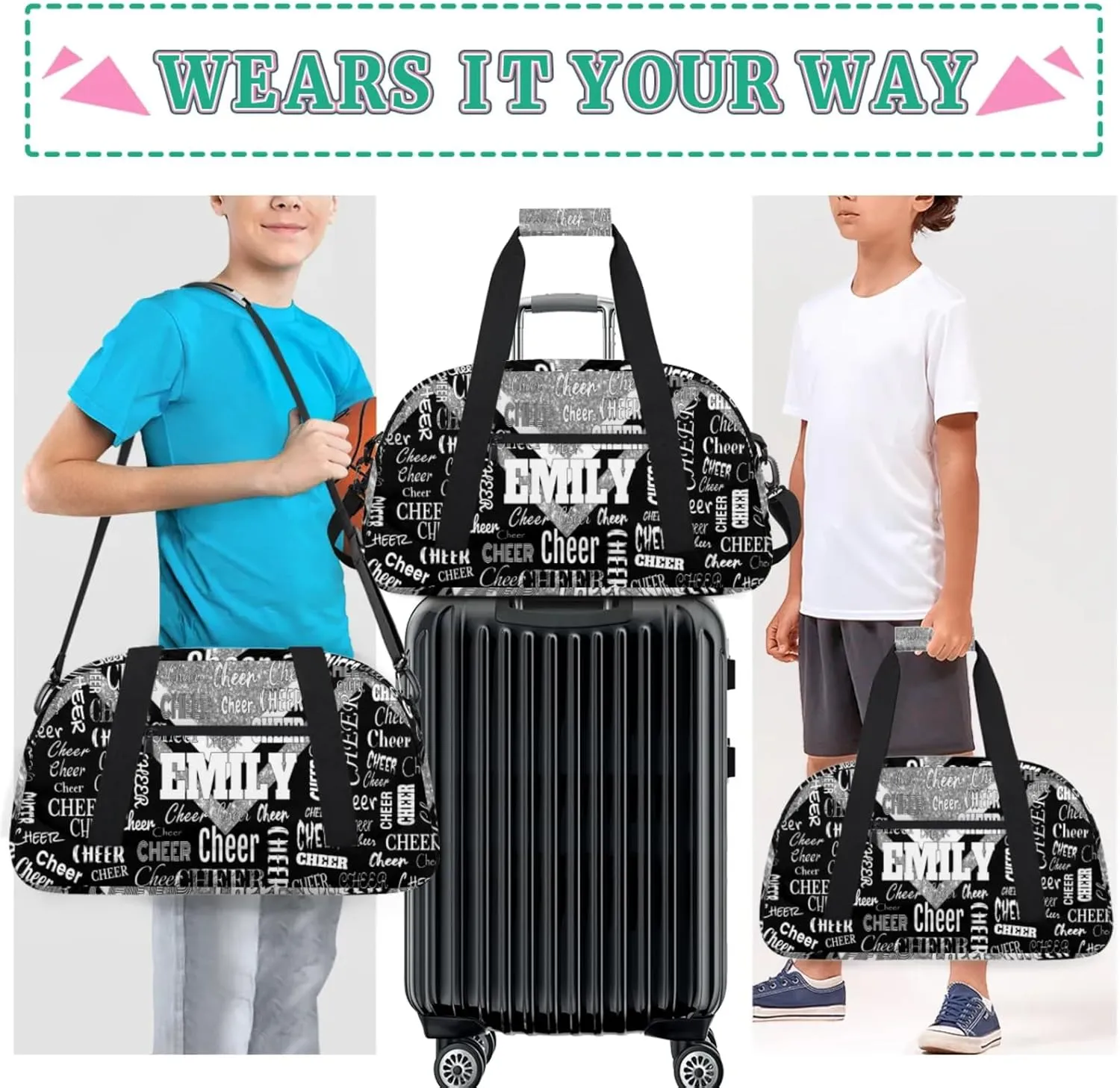 Personalized Dance Cheer Bag, Custom Cheerleading Gym Bag with Name Dark Pink Glittering with Black Overnight Large Duffel Bag for Train Gymnastics Sports Bag