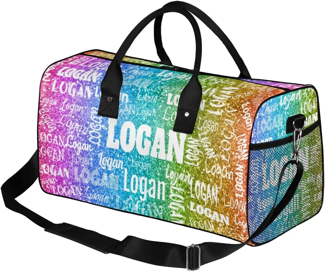 Personalized Dance Duffle Bag for Women, Custom Gym Duffel Bag, Pink Names Printed with Names Ranked Dark Rainbow Color