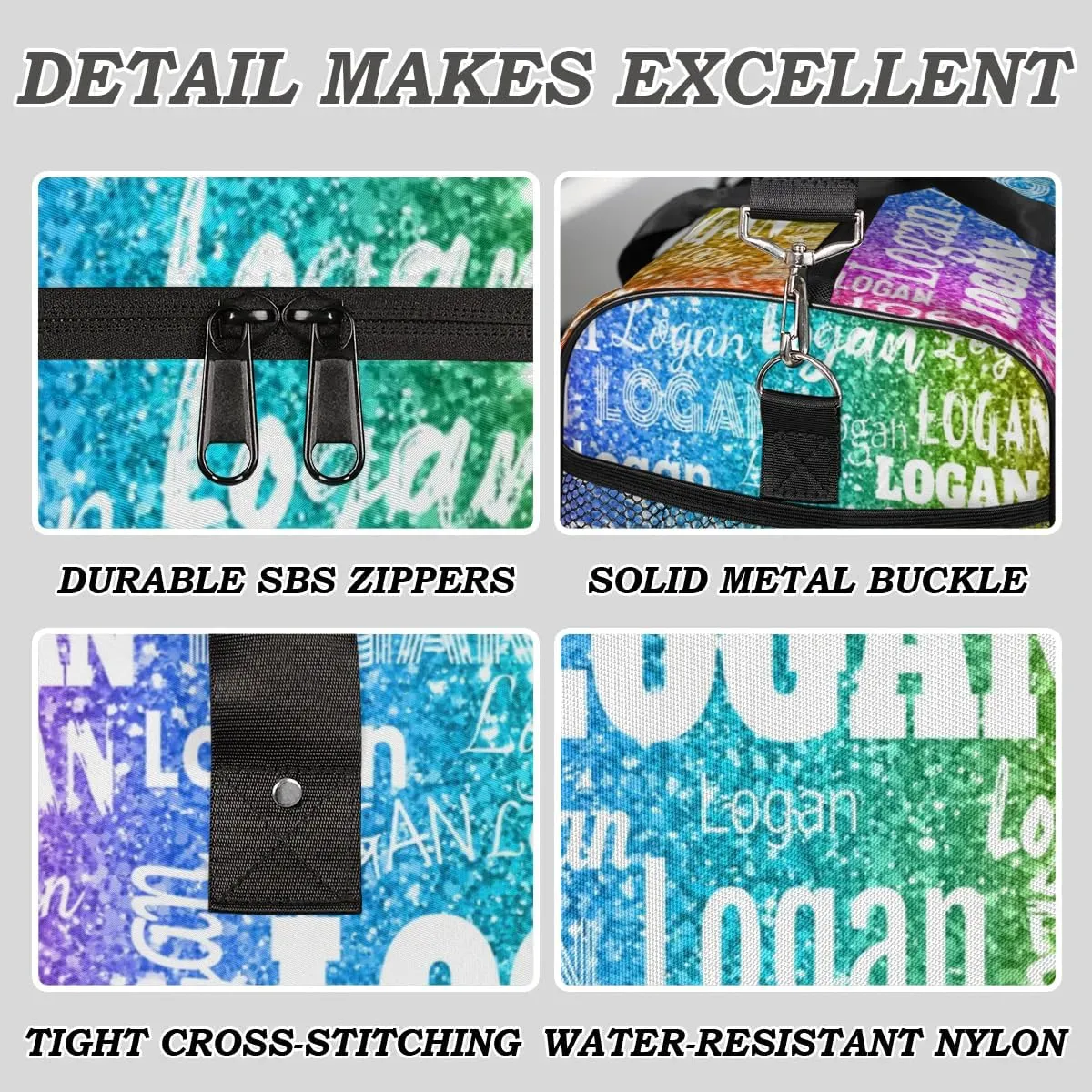 Personalized Dance Duffle Bag for Women, Custom Gym Duffel Bag, Pink Names Printed with Names Ranked Dark Rainbow Color