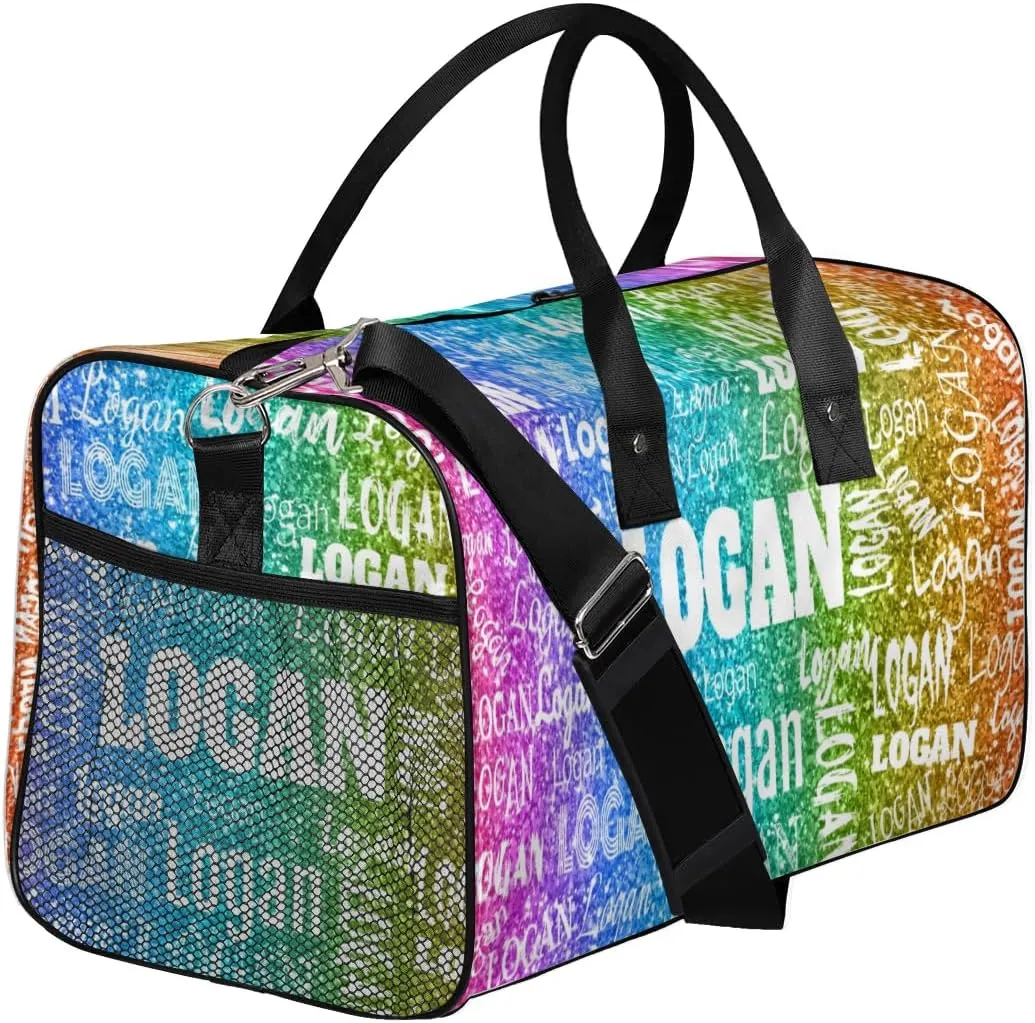 Personalized Dance Duffle Bag for Women, Custom Gym Duffel Bag, Pink Names Printed with Names Ranked Dark Rainbow Color