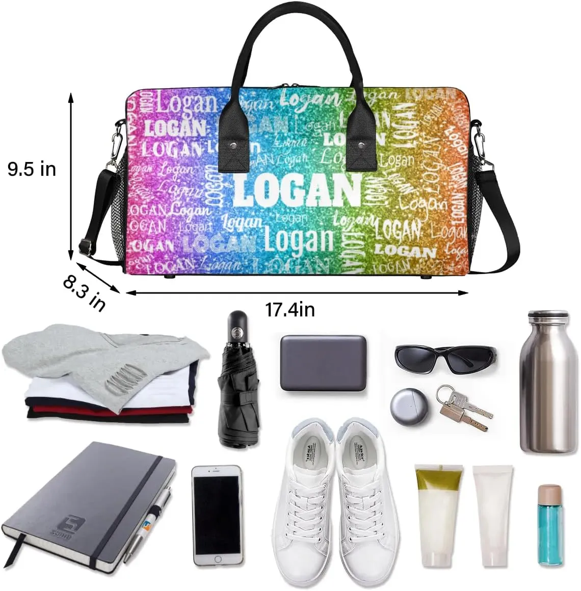 Personalized Dance Duffle Bag for Women, Custom Gym Duffel Bag, Pink Names Printed with Names Ranked Dark Rainbow Color