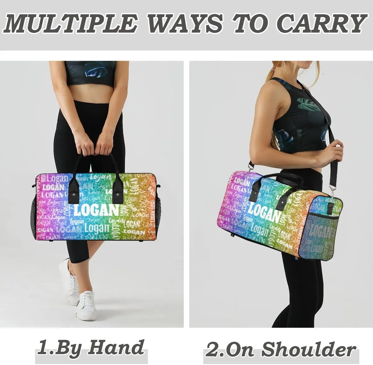 Personalized Dance Duffle Bag for Women, Custom Gym Duffel Bag, Pink Names Printed with Names Ranked Dark Rainbow Color