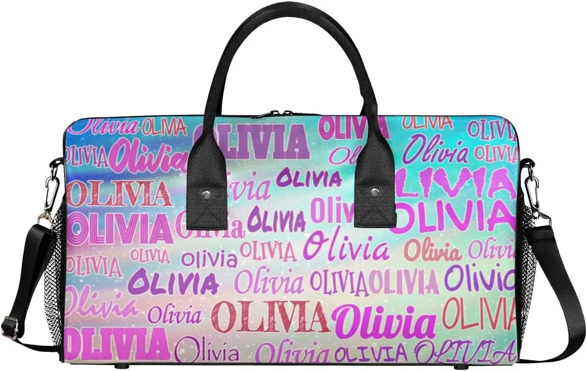 Personalized Dance Duffle Bag for Women, Custom Gym Duffel Bag, Pink Names Printed with Names Ranked Turquoise Purple Galaxy Background