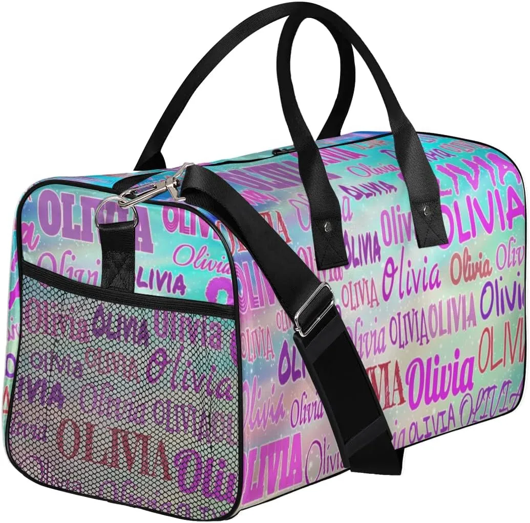Personalized Dance Duffle Bag for Women, Custom Gym Duffel Bag, Pink Names Printed with Names Ranked Turquoise Purple Galaxy Background