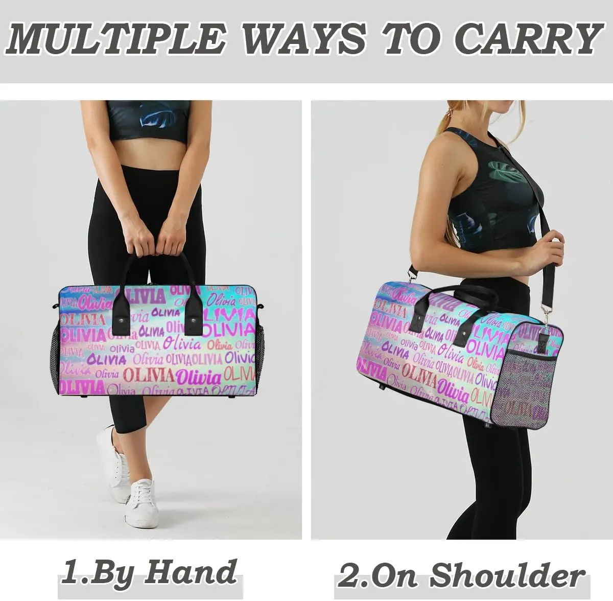 Personalized Dance Duffle Bag for Women, Custom Gym Duffel Bag, Pink Names Printed with Names Ranked Turquoise Purple Galaxy Background