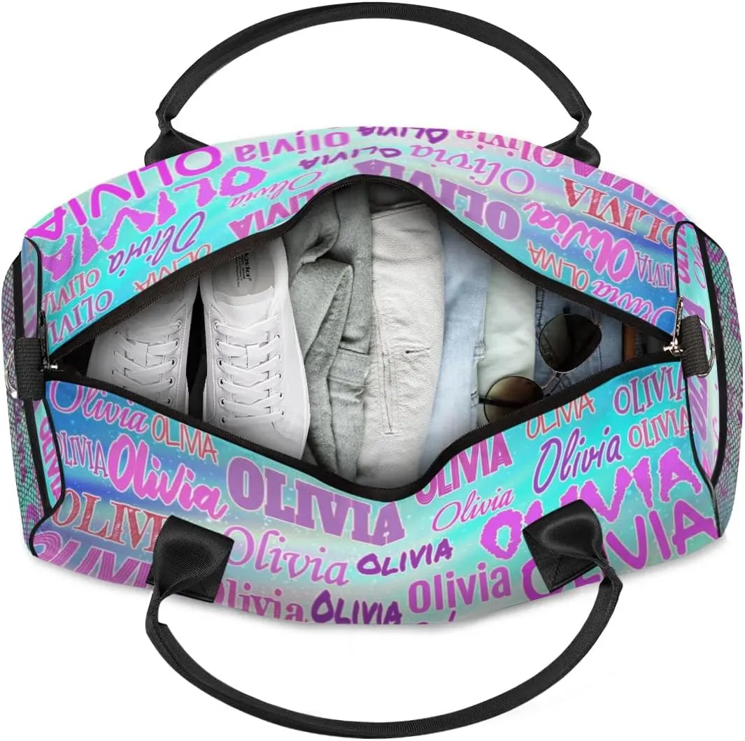 Personalized Dance Duffle Bag for Women, Custom Gym Duffel Bag, Pink Names Printed with Names Ranked Turquoise Purple Galaxy Background