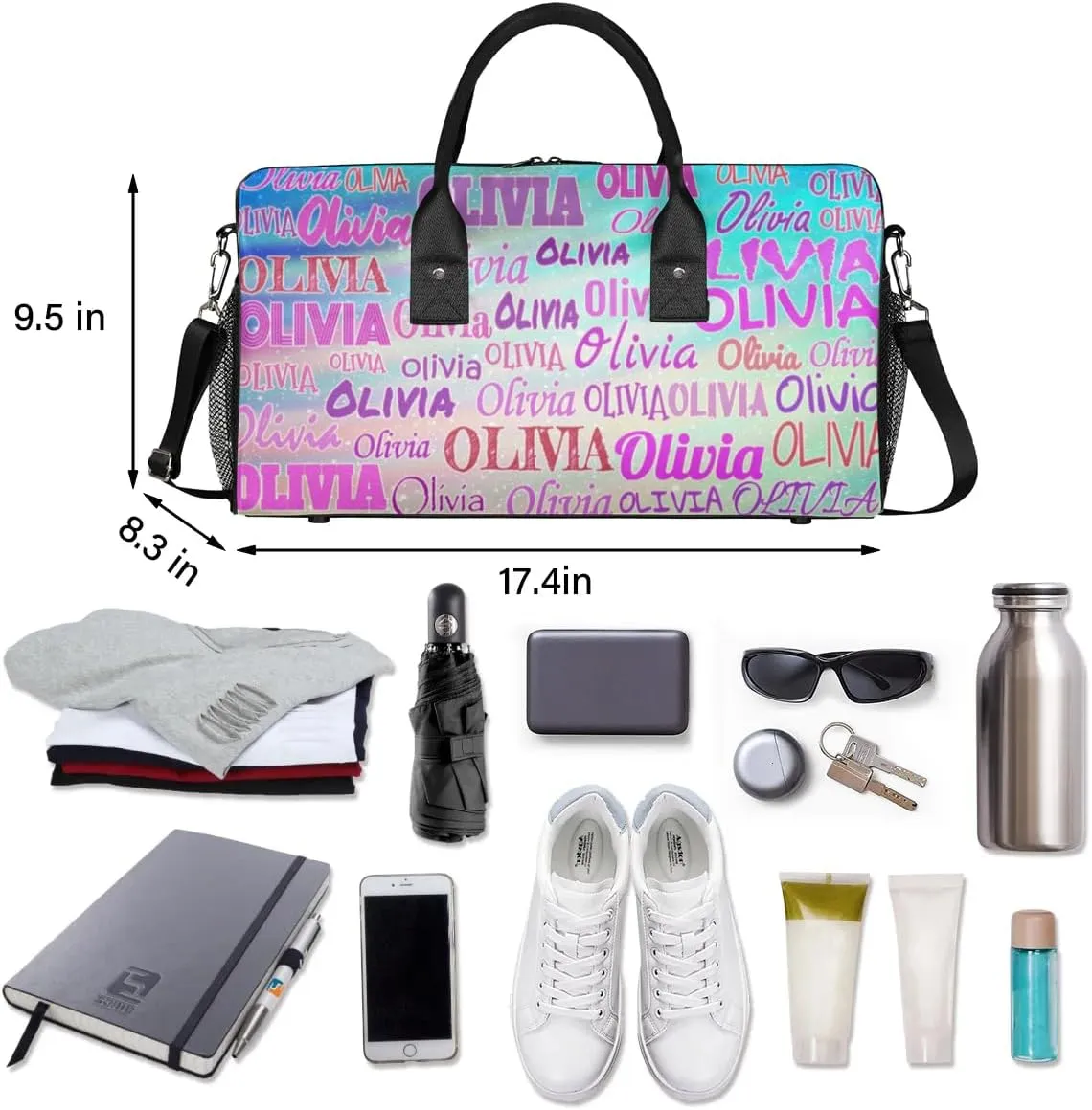 Personalized Dance Duffle Bag for Women, Custom Gym Duffel Bag, Pink Names Printed with Names Ranked Turquoise Purple Galaxy Background