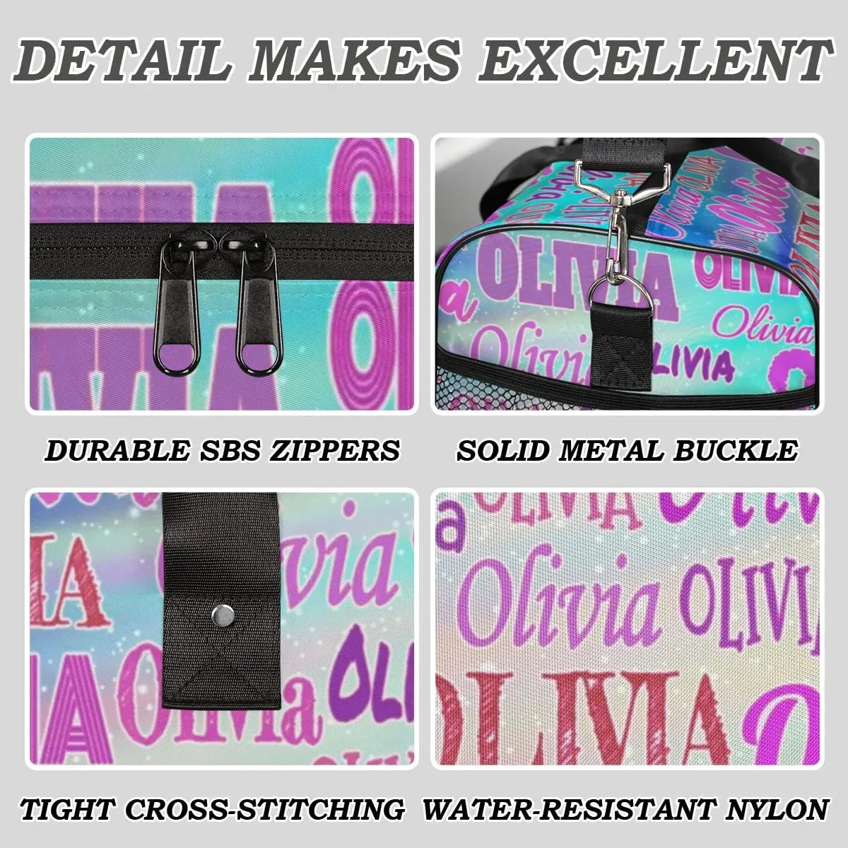Personalized Dance Duffle Bag for Women, Custom Gym Duffel Bag, Pink Names Printed with Names Ranked Turquoise Purple Galaxy Background