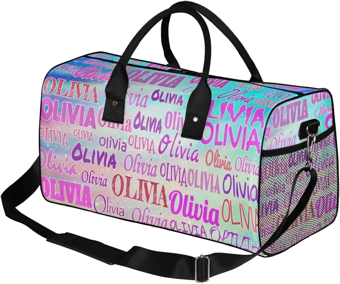 Personalized Dance Duffle Bag for Women, Custom Gym Duffel Bag, Pink Names Printed with Names Ranked Turquoise Purple Galaxy Background