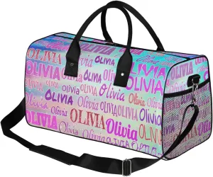 Personalized Dance Duffle Bag for Women, Custom Gym Duffel Bag, Pink Names Printed with Names Ranked Turquoise Purple Galaxy Background