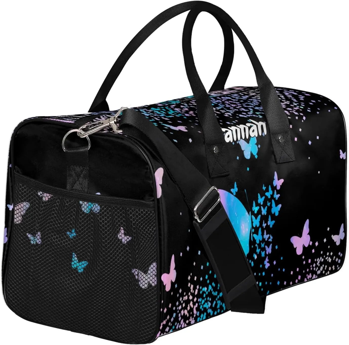 Personalized Duffel Bag with Name Butterfly Custom Travel Sports Bag for Women Men Waterproof Dance Ballet Bag Lightweight 17.4in, Blue Pink Glitter