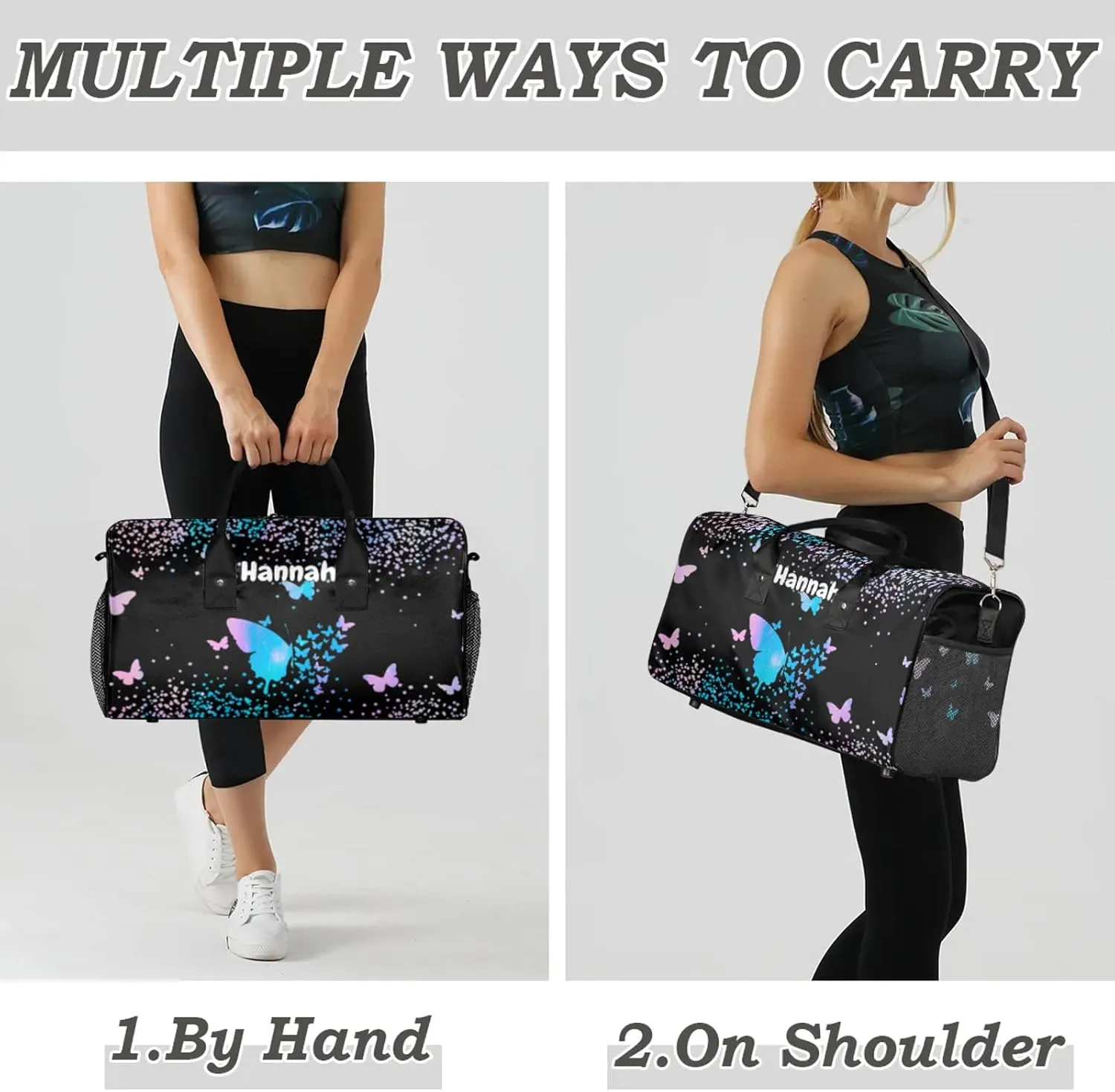 Personalized Duffel Bag with Name Butterfly Custom Travel Sports Bag for Women Men Waterproof Dance Ballet Bag Lightweight 17.4in, Blue Pink Glitter