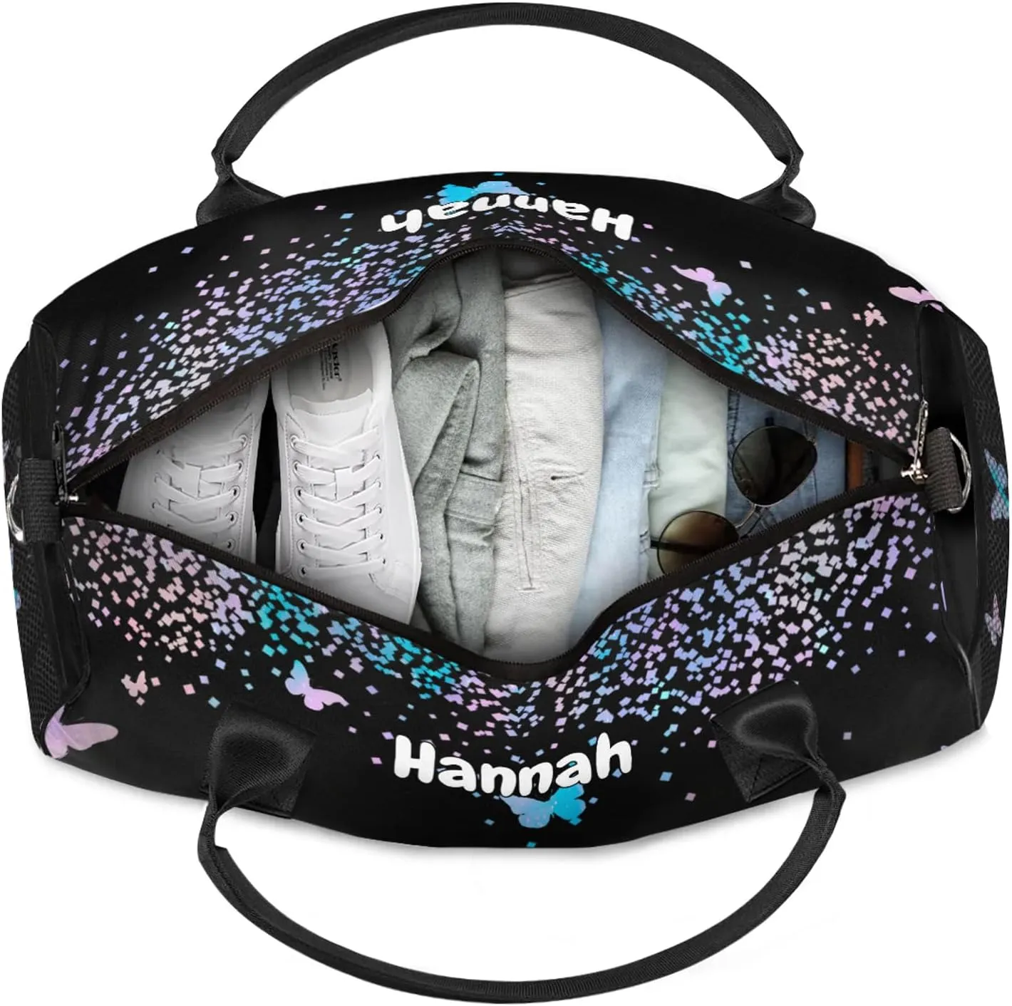 Personalized Duffel Bag with Name Butterfly Custom Travel Sports Bag for Women Men Waterproof Dance Ballet Bag Lightweight 17.4in, Blue Pink Glitter