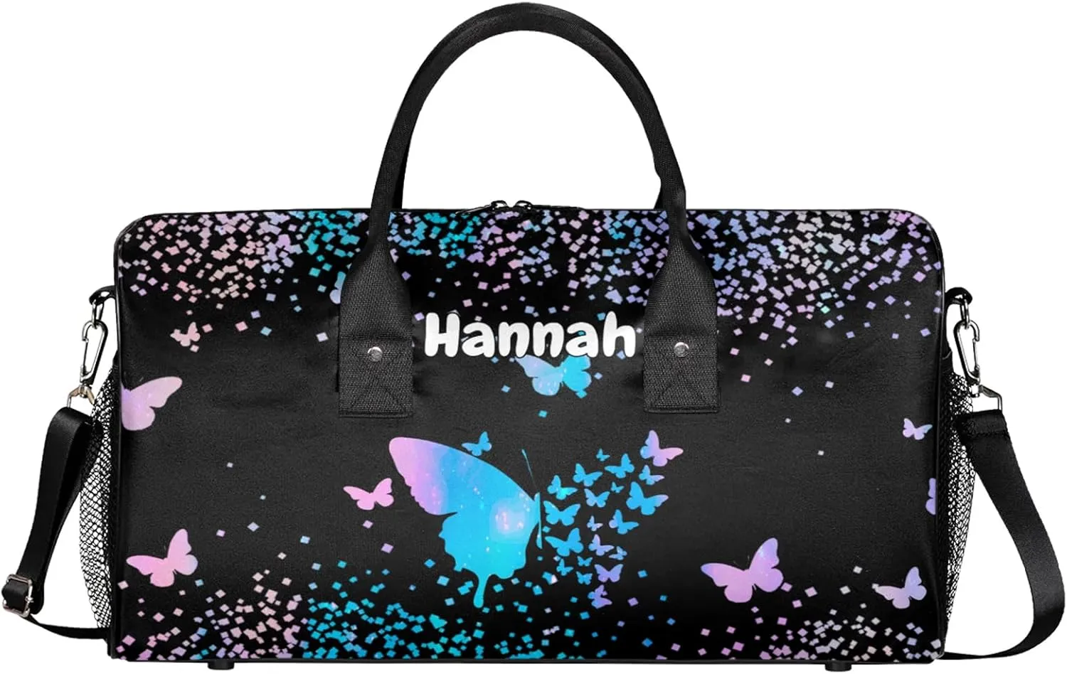 Personalized Duffel Bag with Name Butterfly Custom Travel Sports Bag for Women Men Waterproof Dance Ballet Bag Lightweight 17.4in, Blue Pink Glitter