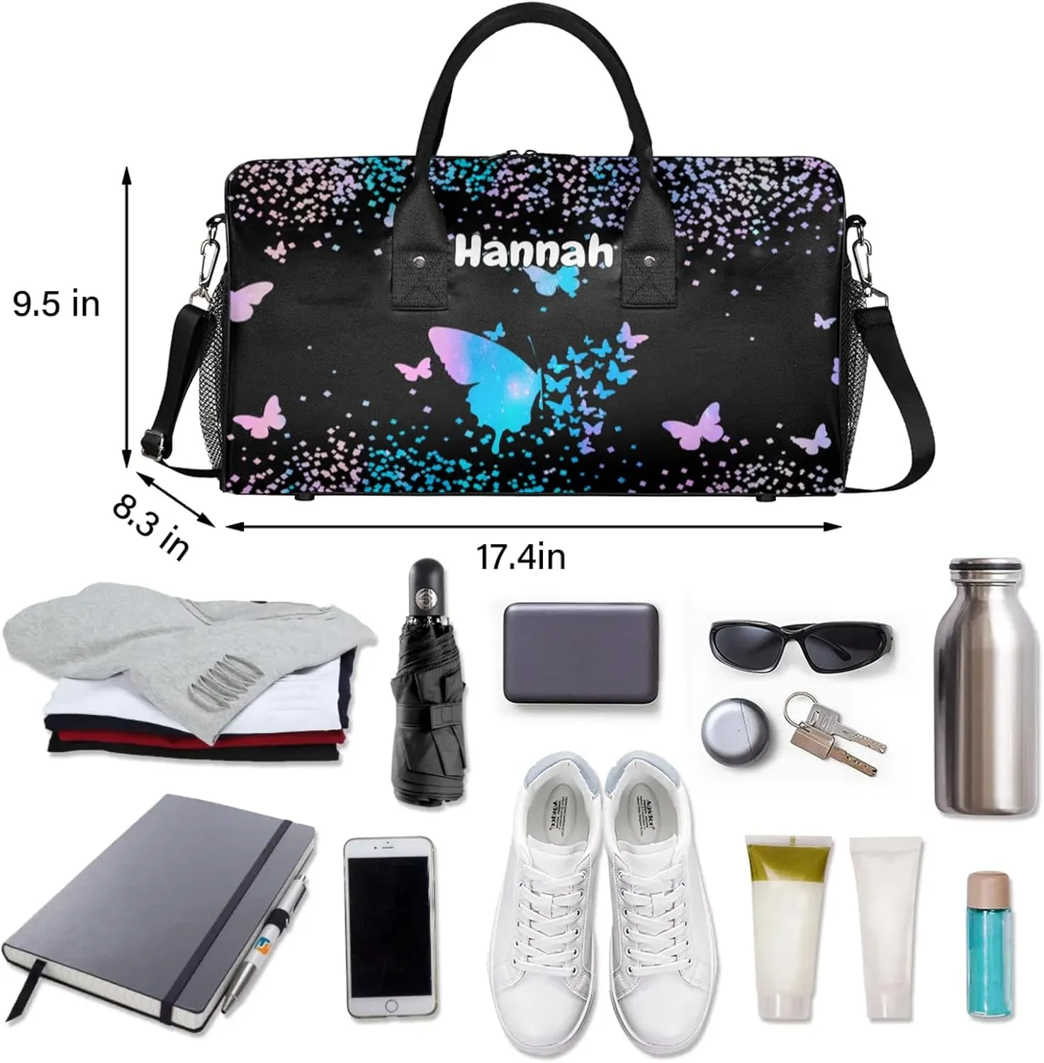 Personalized Duffel Bag with Name Butterfly Custom Travel Sports Bag for Women Men Waterproof Dance Ballet Bag Lightweight 17.4in, Blue Pink Glitter