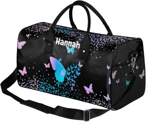 Personalized Duffel Bag with Name Butterfly Custom Travel Sports Bag for Women Men Waterproof Dance Ballet Bag Lightweight 17.4in, Blue Pink Glitter