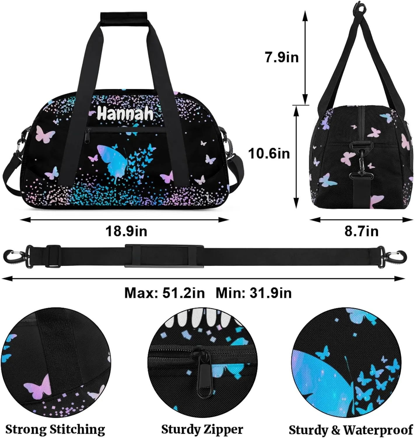 Personalized Duffel Bag with Name Butterfly Custom Travel Sports Bag for Women Men Waterproof Dance Ballet Bag Lightweight 18.9in, Blue Pink Glitter