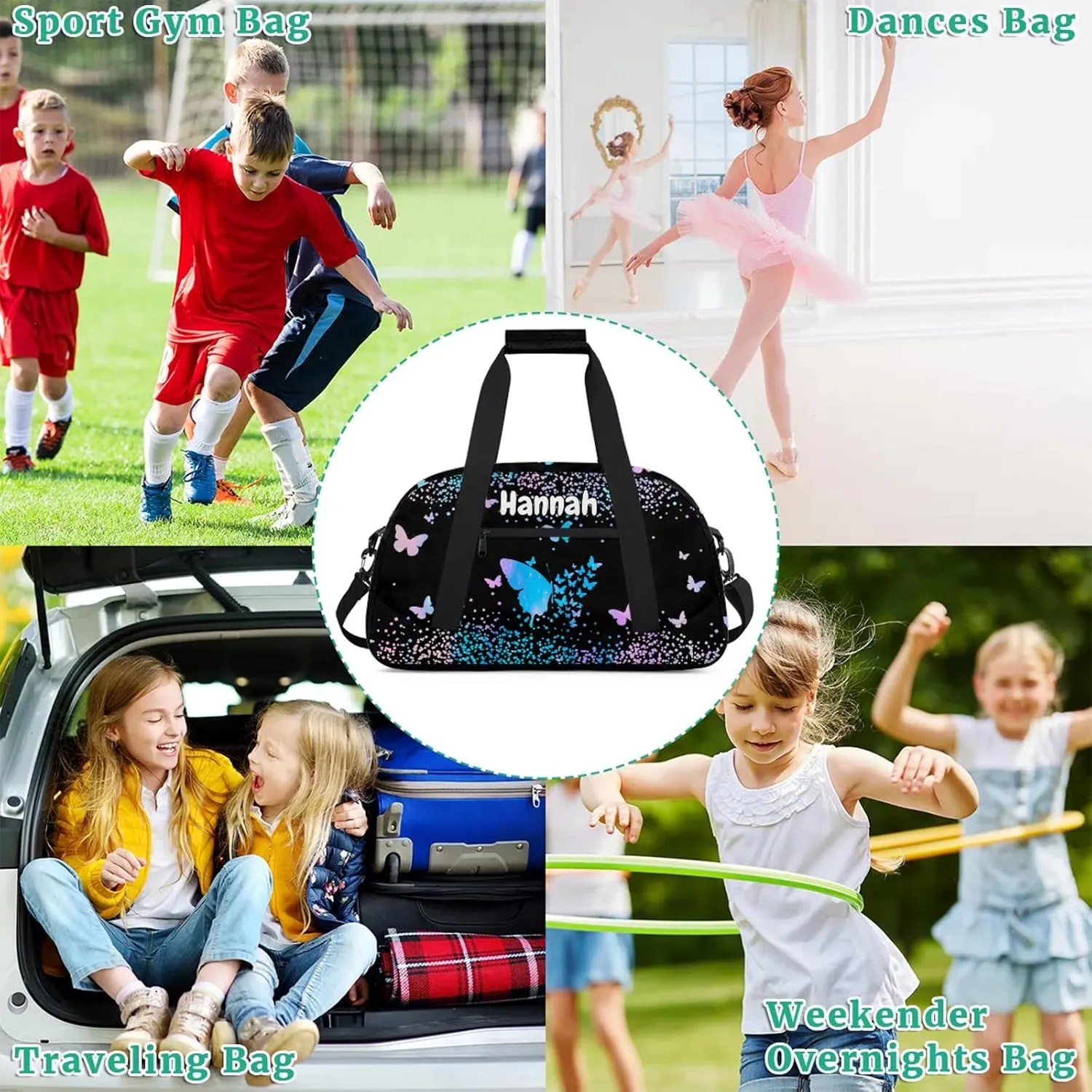 Personalized Duffel Bag with Name Butterfly Custom Travel Sports Bag for Women Men Waterproof Dance Ballet Bag Lightweight 18.9in, Blue Pink Glitter