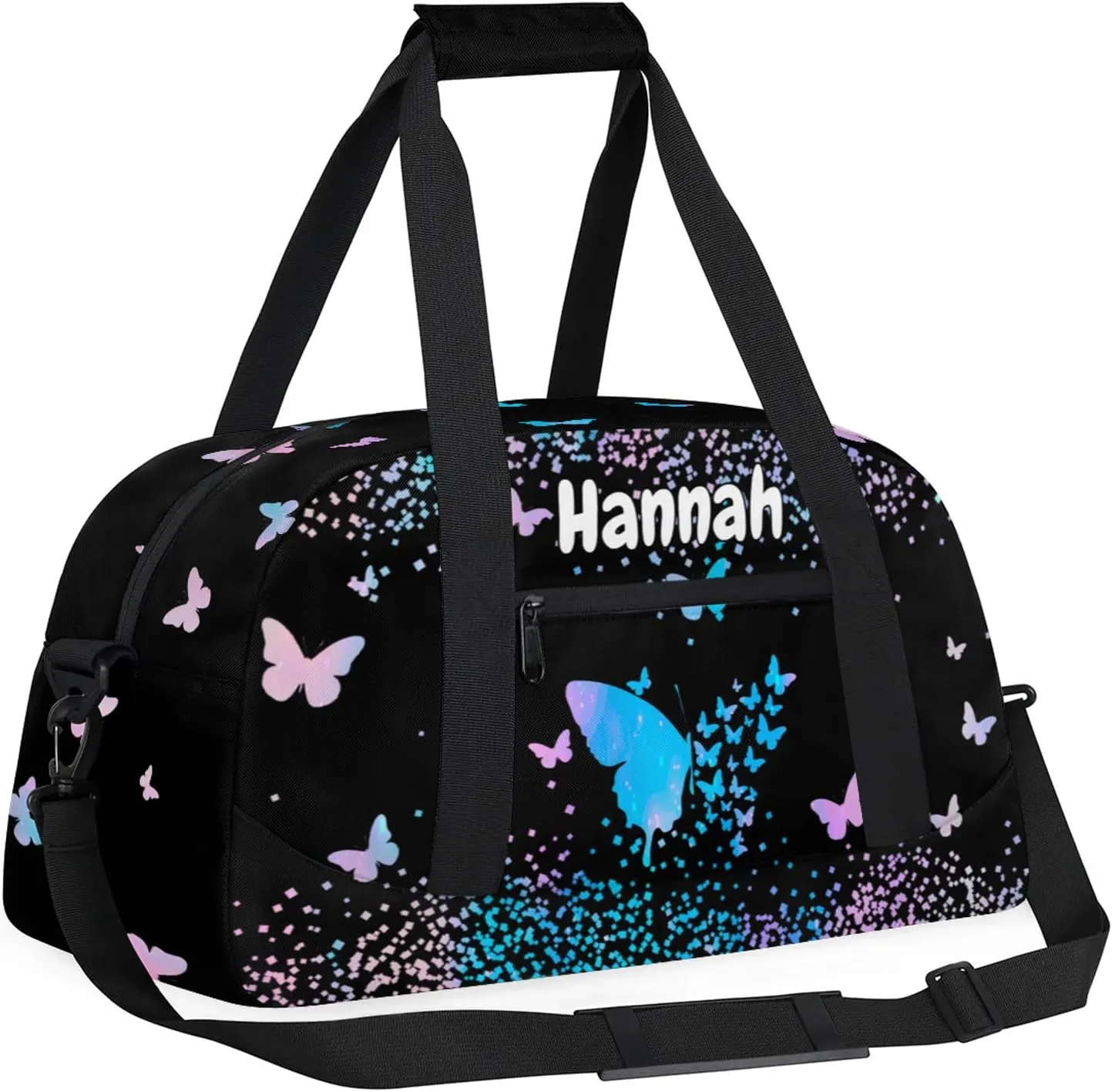 Personalized Duffel Bag with Name Butterfly Custom Travel Sports Bag for Women Men Waterproof Dance Ballet Bag Lightweight 18.9in, Blue Pink Glitter