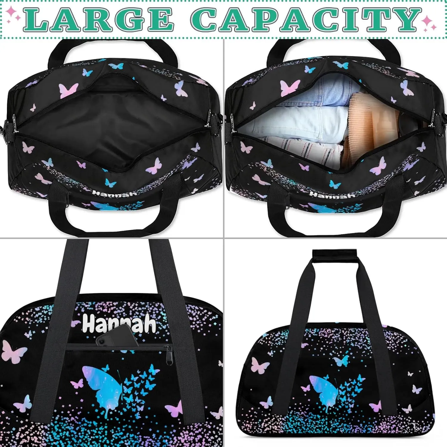 Personalized Duffel Bag with Name Butterfly Custom Travel Sports Bag for Women Men Waterproof Dance Ballet Bag Lightweight 18.9in, Blue Pink Glitter