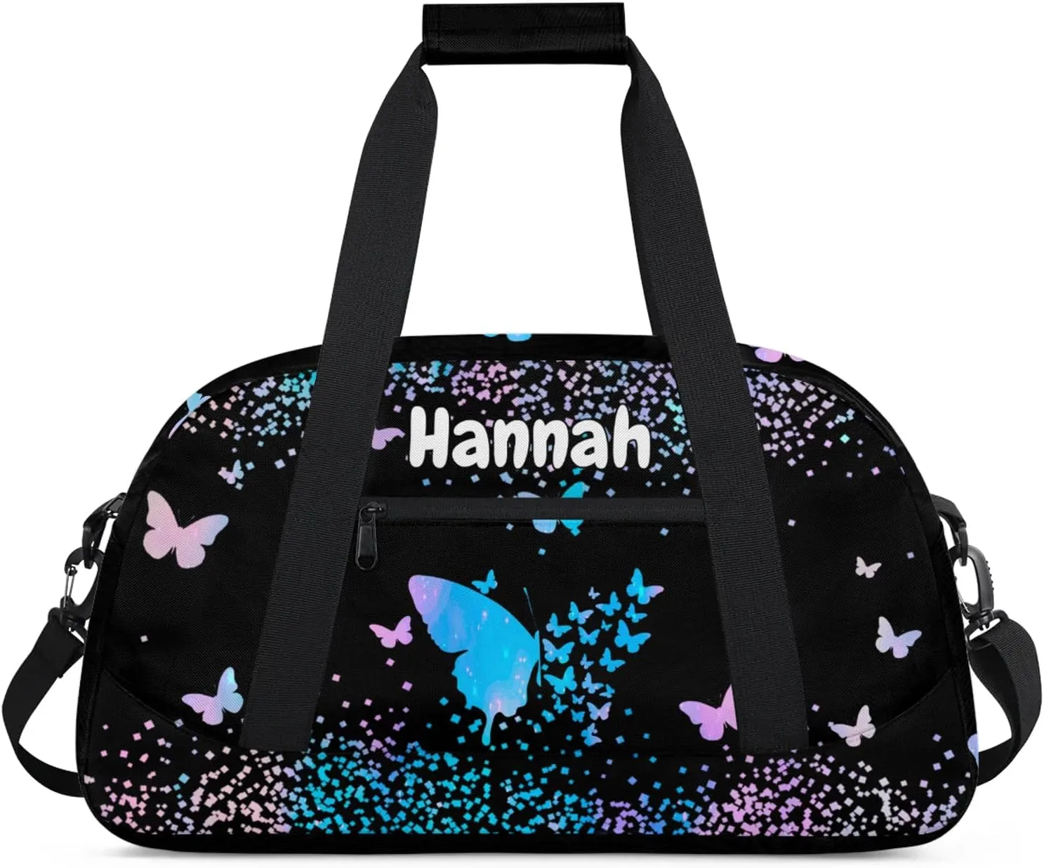 Personalized Duffel Bag with Name Butterfly Custom Travel Sports Bag for Women Men Waterproof Dance Ballet Bag Lightweight 18.9in, Blue Pink Glitter