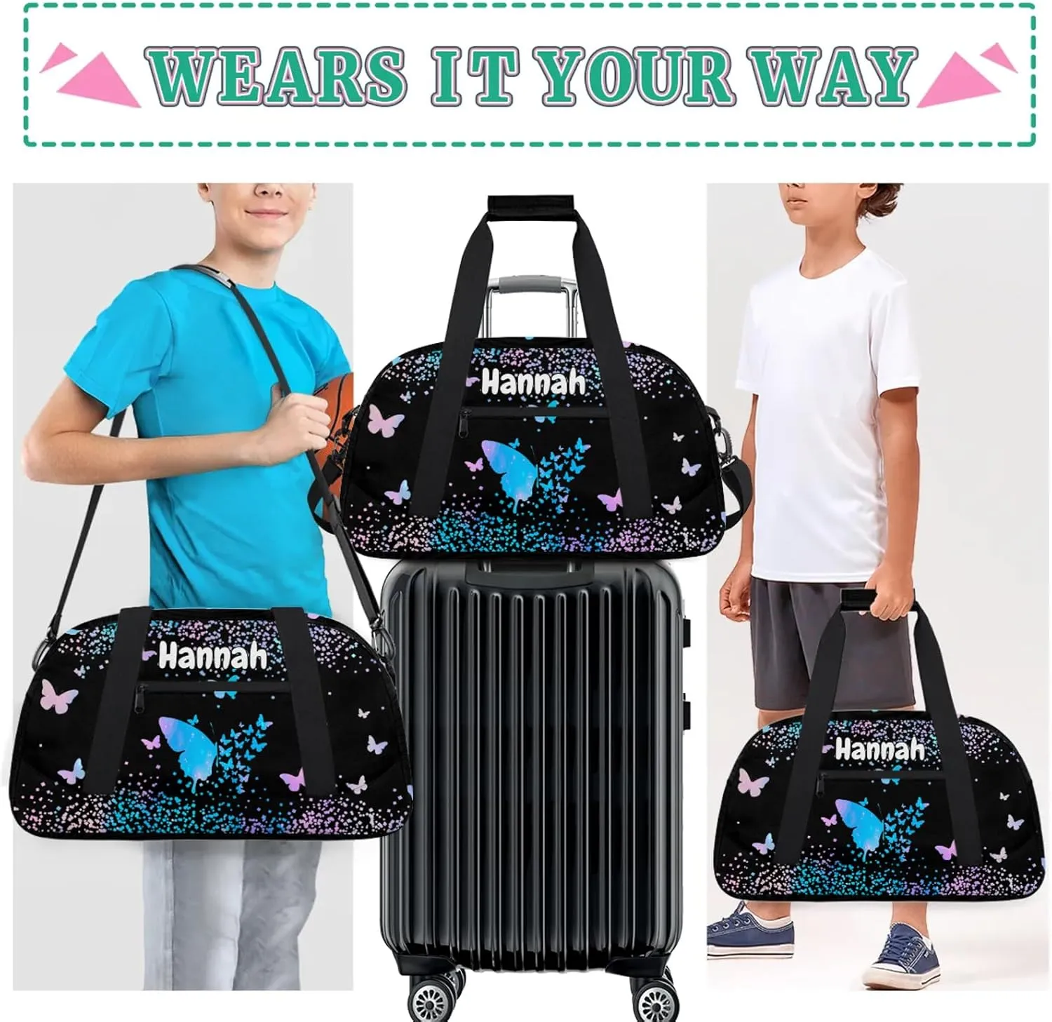 Personalized Duffel Bag with Name Butterfly Custom Travel Sports Bag for Women Men Waterproof Dance Ballet Bag Lightweight 18.9in, Blue Pink Glitter