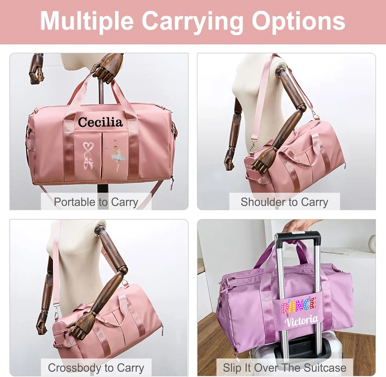 Personalized Duffle Travel Bag with Photo Name Text,Custom Ballet Dance Sport Gym Bag for Women Girls,Customized Dry Wet Separated Weekender Overnight Bags for Cheerleading Gift -Red