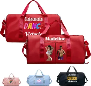 Personalized Duffle Travel Bag with Photo Name Text,Custom Ballet Dance Sport Gym Bag for Women Girls,Customized Dry Wet Separated Weekender Overnight Bags for Cheerleading Gift -Red