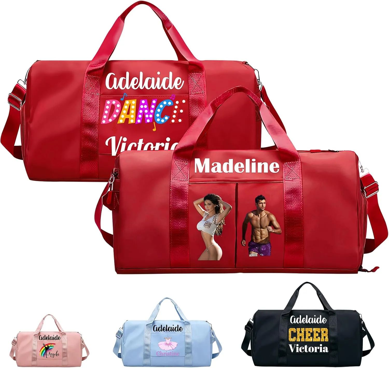 Personalized Duffle Travel Bag with Photo Name Text,Custom Ballet Dance Sport Gym Bag for Women Girls,Customized Dry Wet Separated Weekender Overnight Bags for Cheerleading Gift -Red