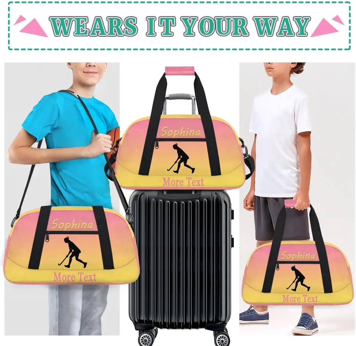 Personalized Golf Bag with Name Custom Sport Duffle Bag Overnight Bag Sleepover bag travel bag Weekender Bags Workout Bag for Gym Gymnastics Gift pink yellow Golf
