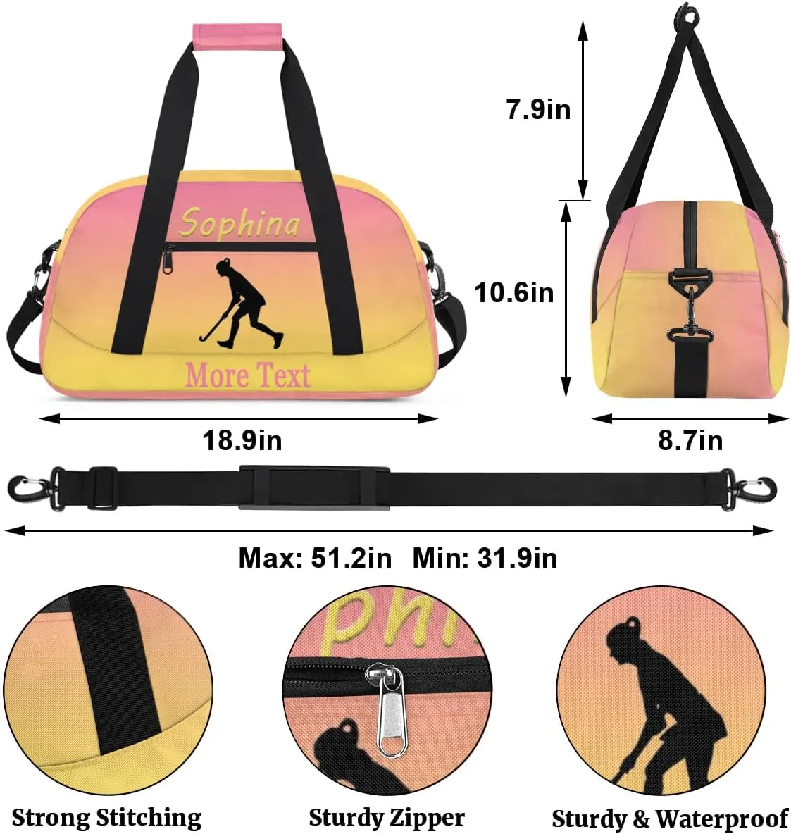 Personalized Golf Bag with Name Custom Sport Duffle Bag Overnight Bag Sleepover bag travel bag Weekender Bags Workout Bag for Gym Gymnastics Gift pink yellow Golf
