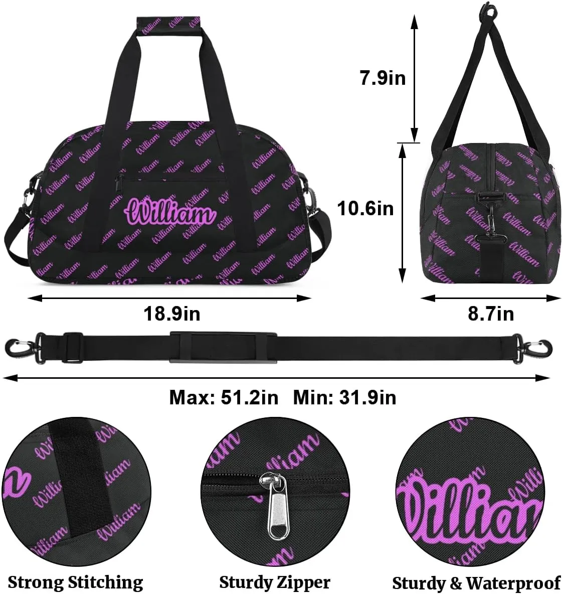 Personalized Gym Duffel Bag with Name Custom Sport Bag Gymnastics Bags Customized Dance Duffel Bag Weekender Sleepover Bag, Black