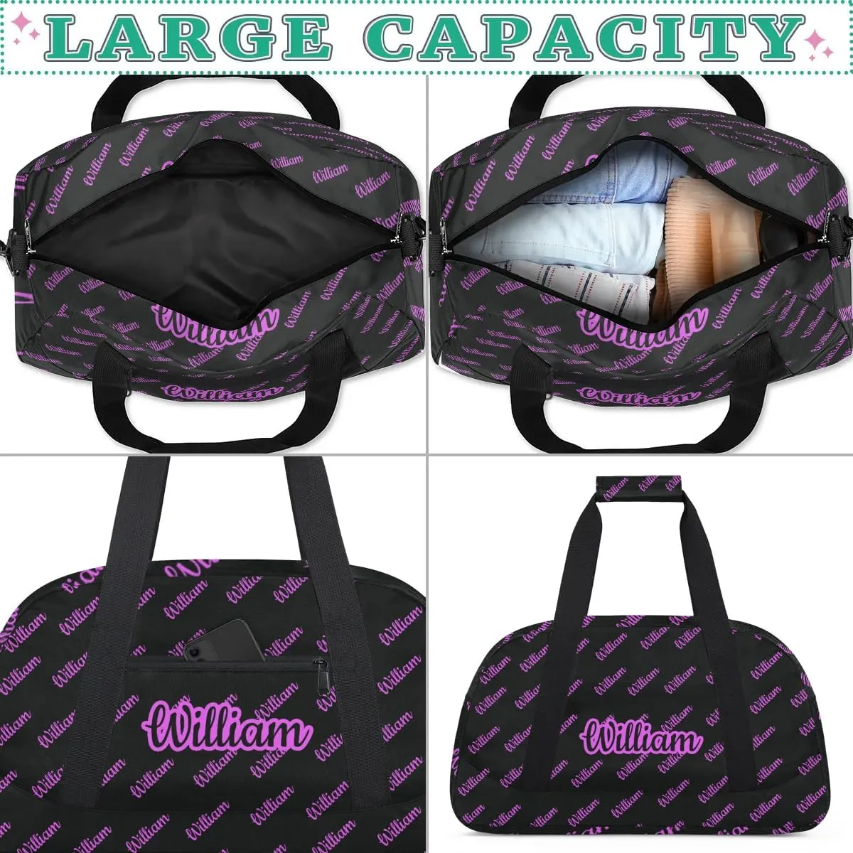 Personalized Gym Duffel Bag with Name Custom Sport Bag Gymnastics Bags Customized Dance Duffel Bag Weekender Sleepover Bag, Black