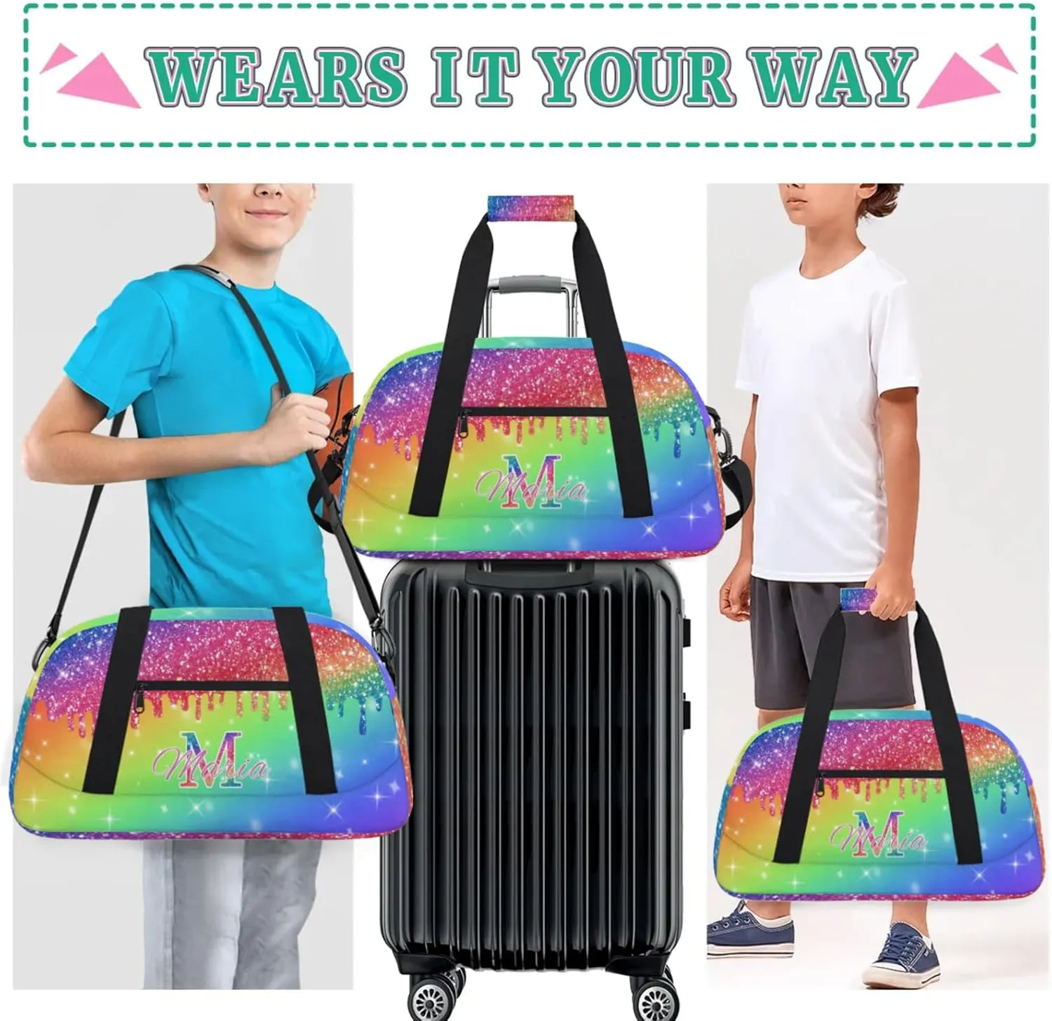 Personalized Kids Sports Duffel Bag with Name Custom Gym Dance Bag for Boys Girls Waterproof Weekender Overnight Bag for Travel Cheerleading Gymnastics Blue Pink
