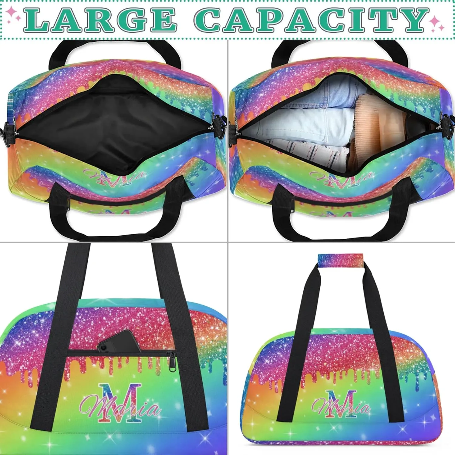 Personalized Kids Sports Duffel Bag with Name Custom Gym Dance Bag for Boys Girls Waterproof Weekender Overnight Bag for Travel Cheerleading Gymnastics Blue Pink