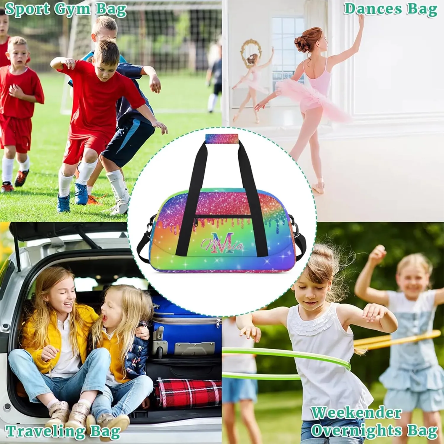 Personalized Kids Sports Duffel Bag with Name Custom Gym Dance Bag for Boys Girls Waterproof Weekender Overnight Bag for Travel Cheerleading Gymnastics Blue Pink