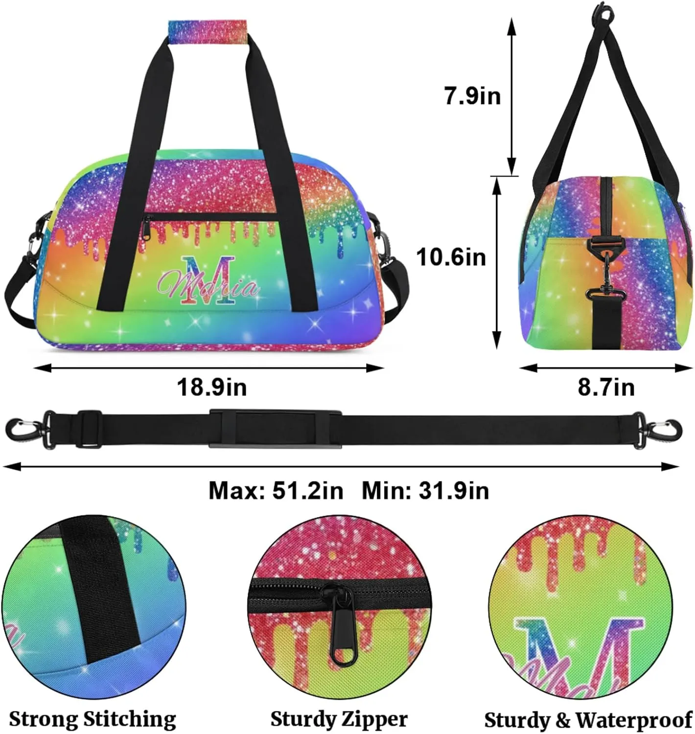 Personalized Kids Sports Duffel Bag with Name Custom Gym Dance Bag for Boys Girls Waterproof Weekender Overnight Bag for Travel Cheerleading Gymnastics Blue Pink