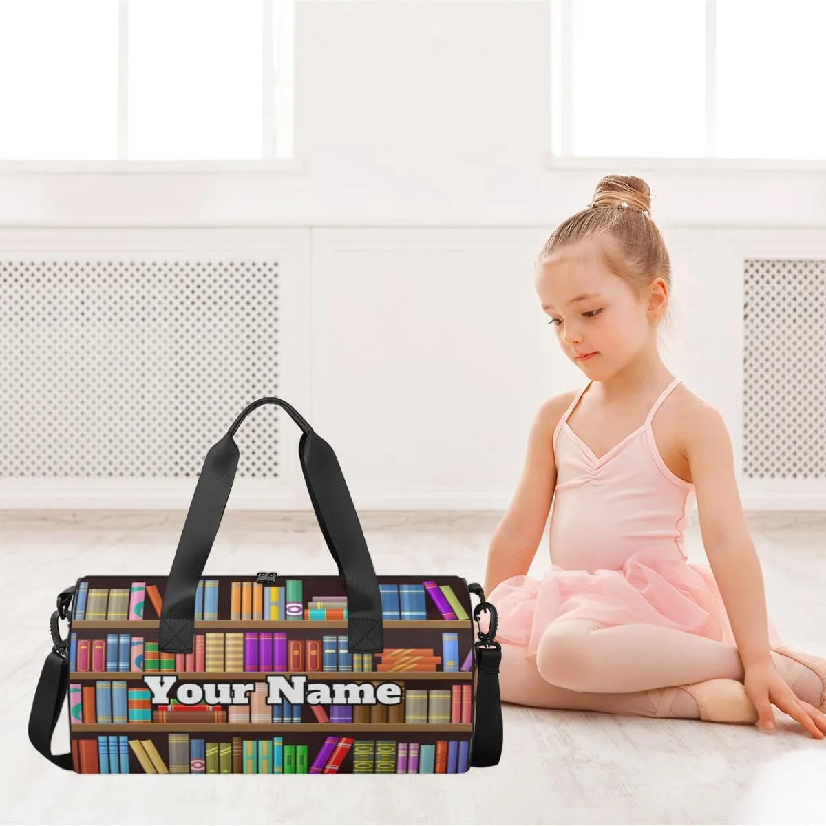 Personalized Name Gym Bag for Women, Customized Bookshelf Book Cylinder Sports Bags for Men, Waterproof Weekender Bag, Duffle Bags for Travel Swim Dance, Library Book