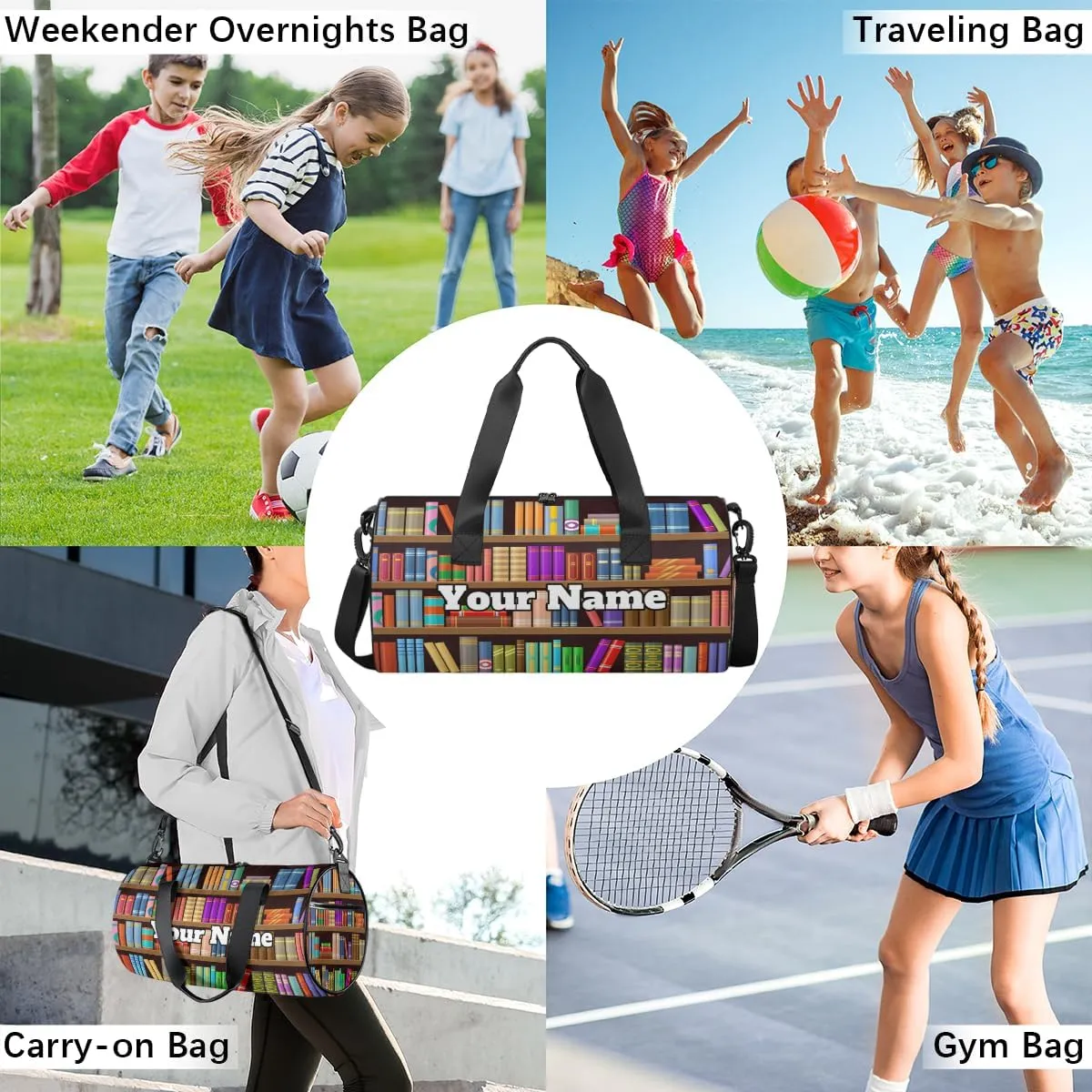 Personalized Name Gym Bag for Women, Customized Bookshelf Book Cylinder Sports Bags for Men, Waterproof Weekender Bag, Duffle Bags for Travel Swim Dance, Library Book