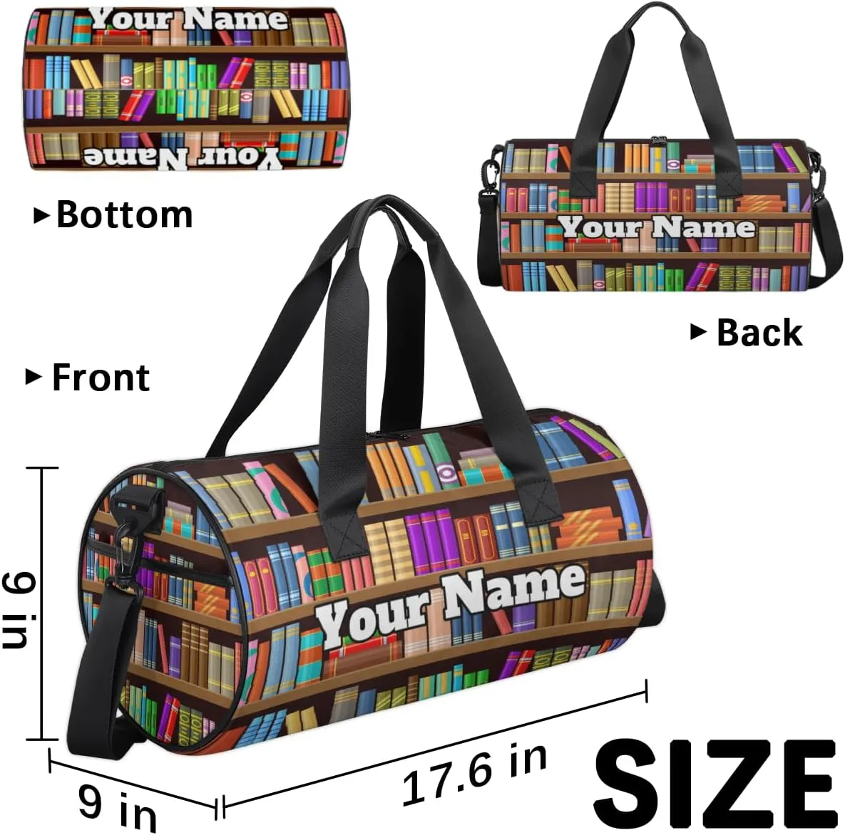 Personalized Name Gym Bag for Women, Customized Bookshelf Book Cylinder Sports Bags for Men, Waterproof Weekender Bag, Duffle Bags for Travel Swim Dance, Library Book