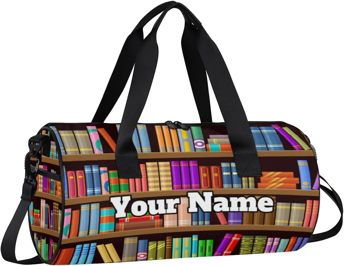 Personalized Name Gym Bag for Women, Customized Bookshelf Book Cylinder Sports Bags for Men, Waterproof Weekender Bag, Duffle Bags for Travel Swim Dance, Library Book