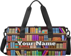 Personalized Name Gym Bag for Women, Customized Bookshelf Book Cylinder Sports Bags for Men, Waterproof Weekender Bag, Duffle Bags for Travel Swim Dance, Library Book