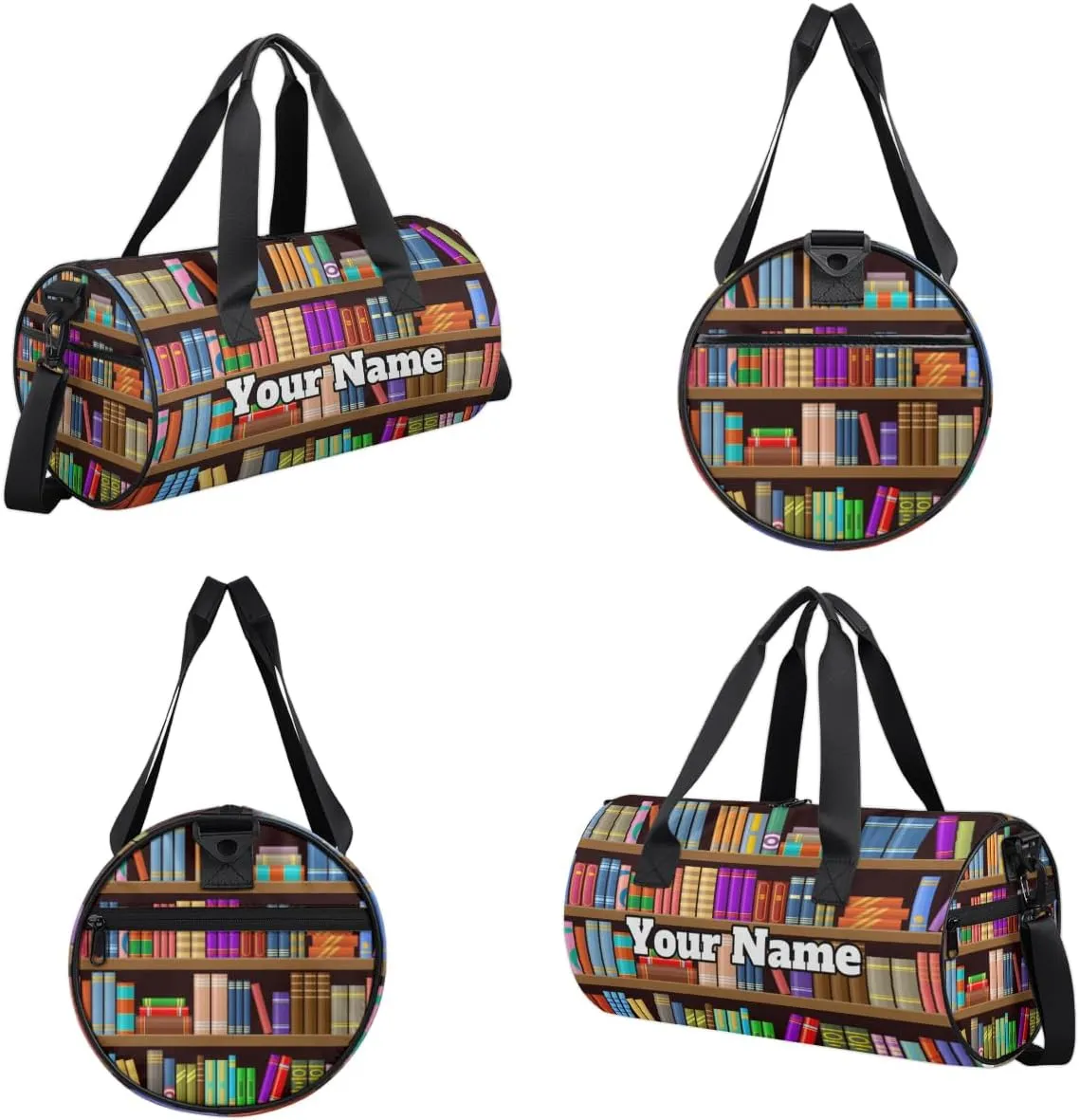 Personalized Name Gym Bag for Women, Customized Bookshelf Book Cylinder Sports Bags for Men, Waterproof Weekender Bag, Duffle Bags for Travel Swim Dance, Library Book